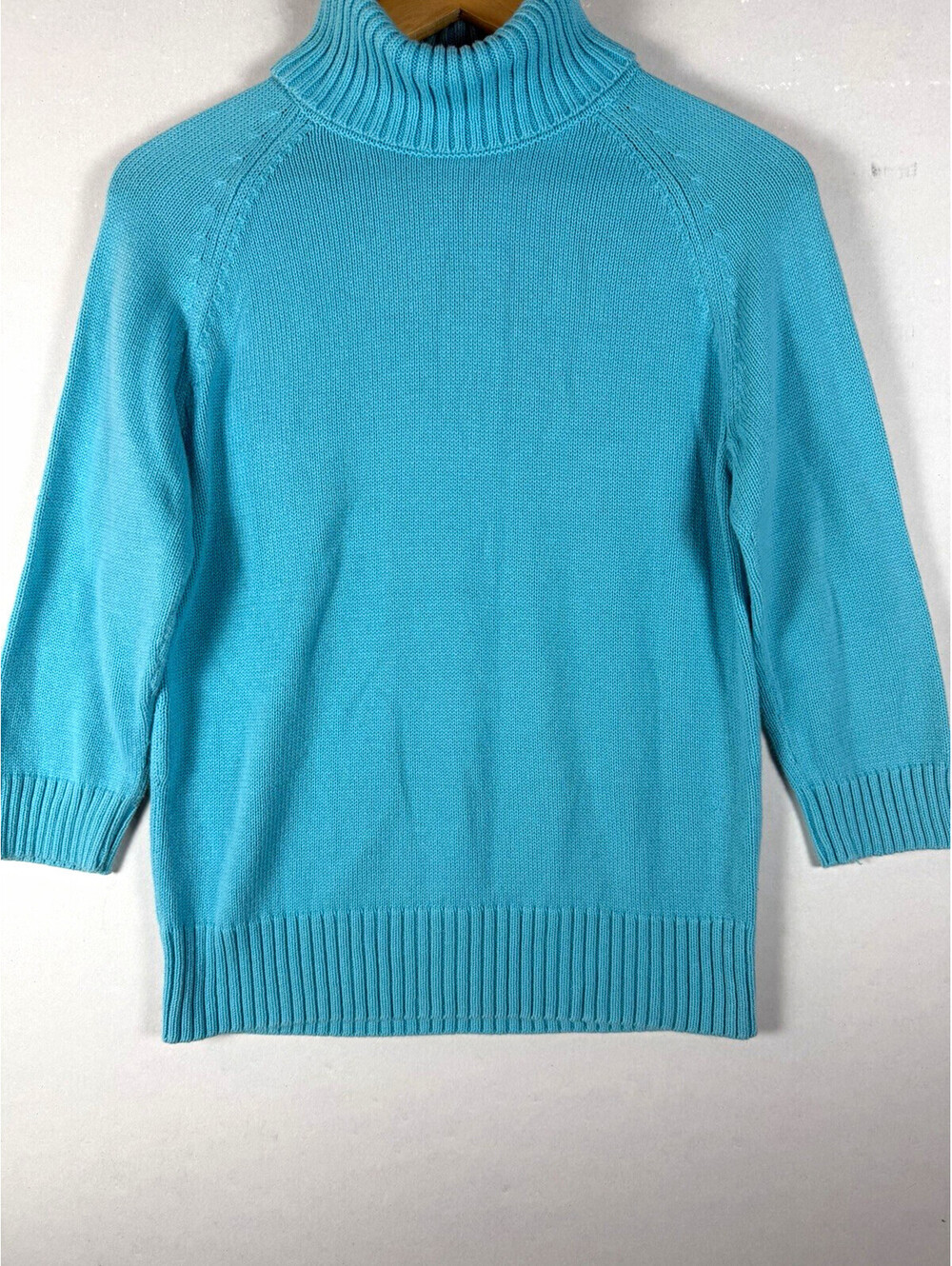Jeanne Pierre Women's Blue Ribbed Knit Mock Neck 3/4 Sleeve Pullover Sweater M